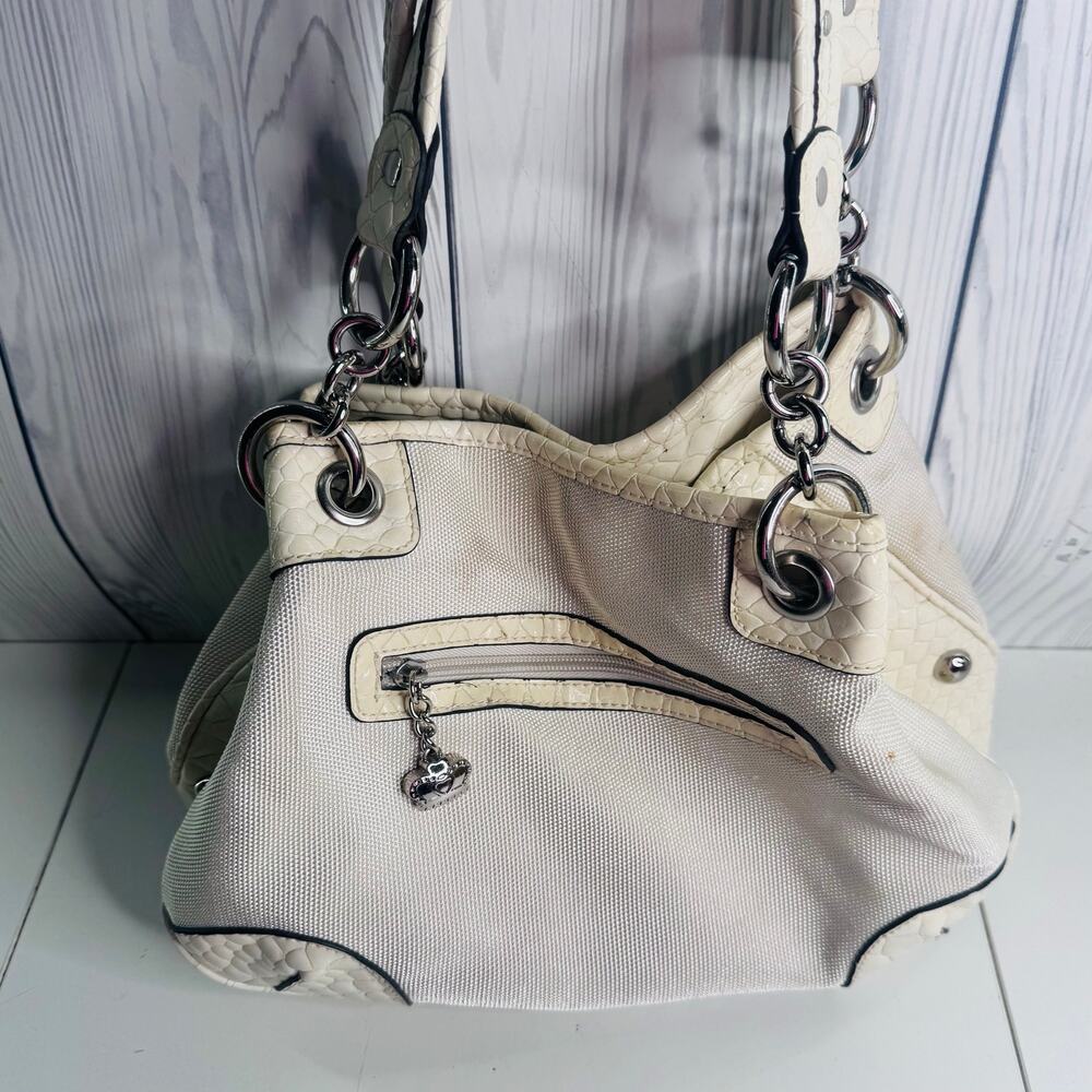 VTG Y2K Kathy Van Zeeland Ivory Chunky Silver Handbag Purse Charm Pockets